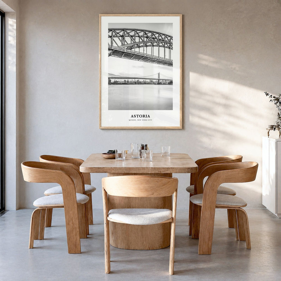 Astoria, New York Classic Poster in a natural wood frame, hanging in a dining room