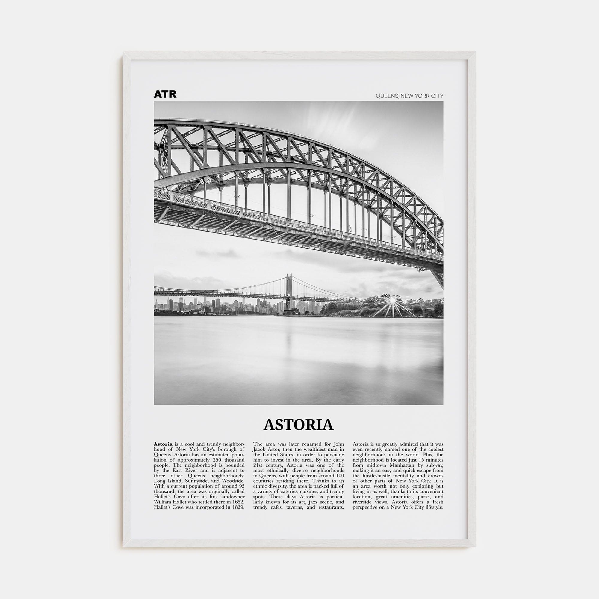 Astoria, New York Poster White Wood / 8x12 in Nbourhood Travel B&W Poster