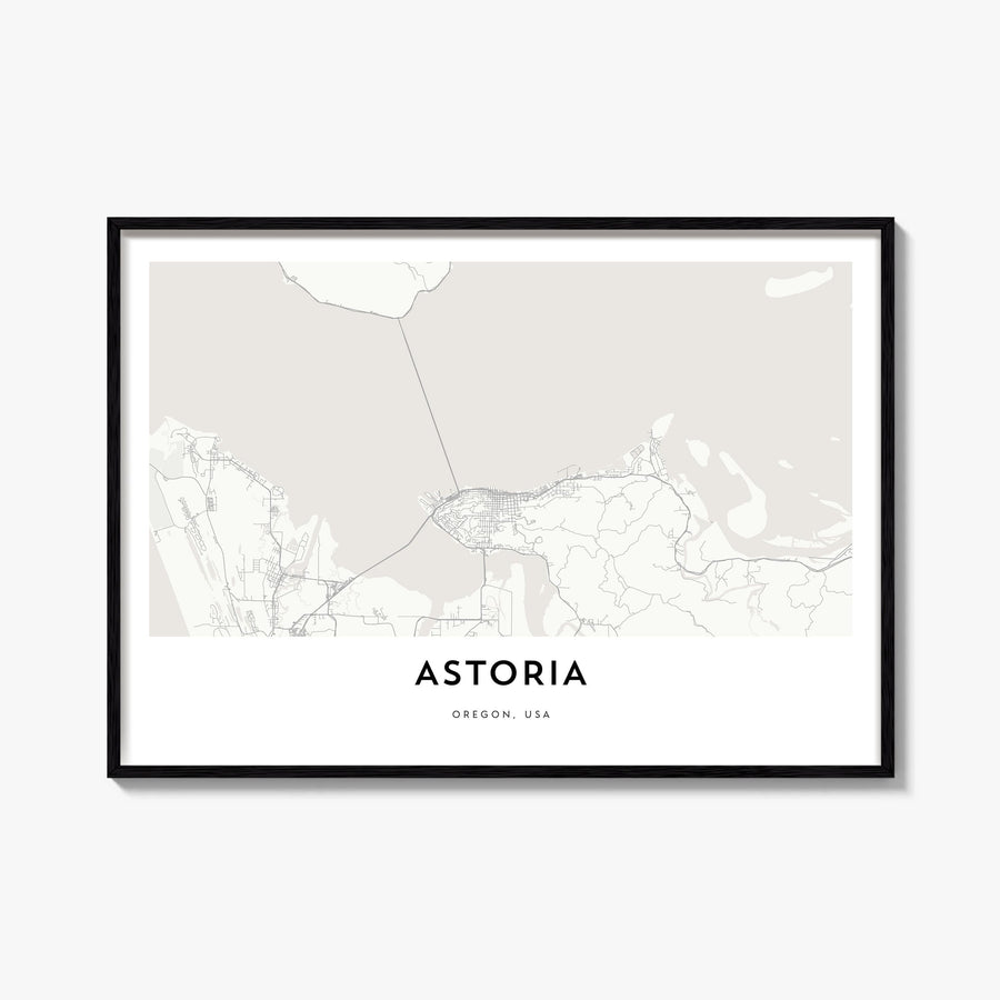 Astoria, Oregon black & white map poster of Oregon, USA – horizontal wall art, unframed print shown in interior mockup
