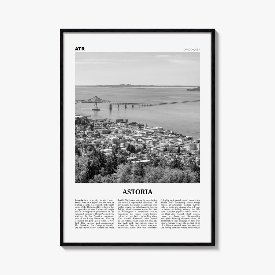 Astoria, Oregon black & white newspaper poster of Oregon, USA – vertical wall art, unframed print shown in interior mockup