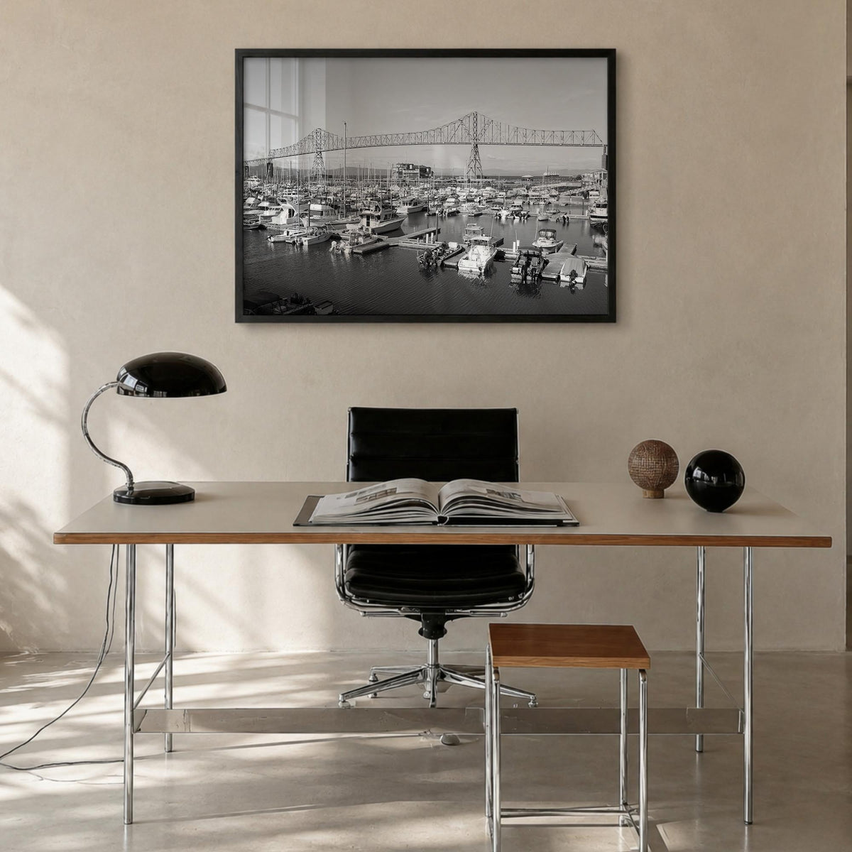 Astoria, Oregon black & white photo poster of Oregon, USA – horizontal wall art in black wood frame, hanging on wall