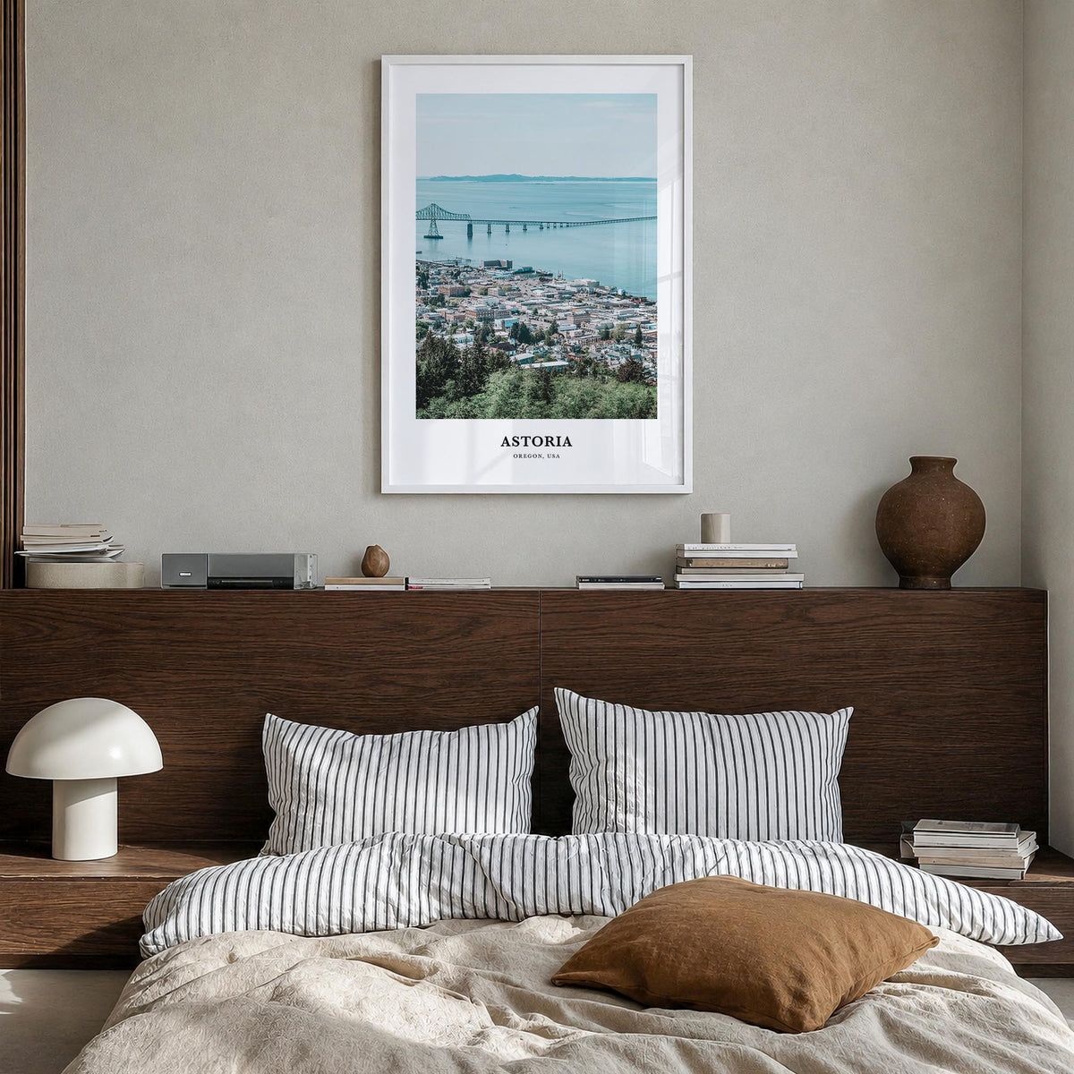 Astoria, Oregon colorful classic poster of Oregon, USA – vertical wall art in white wood frame, hanging on wall