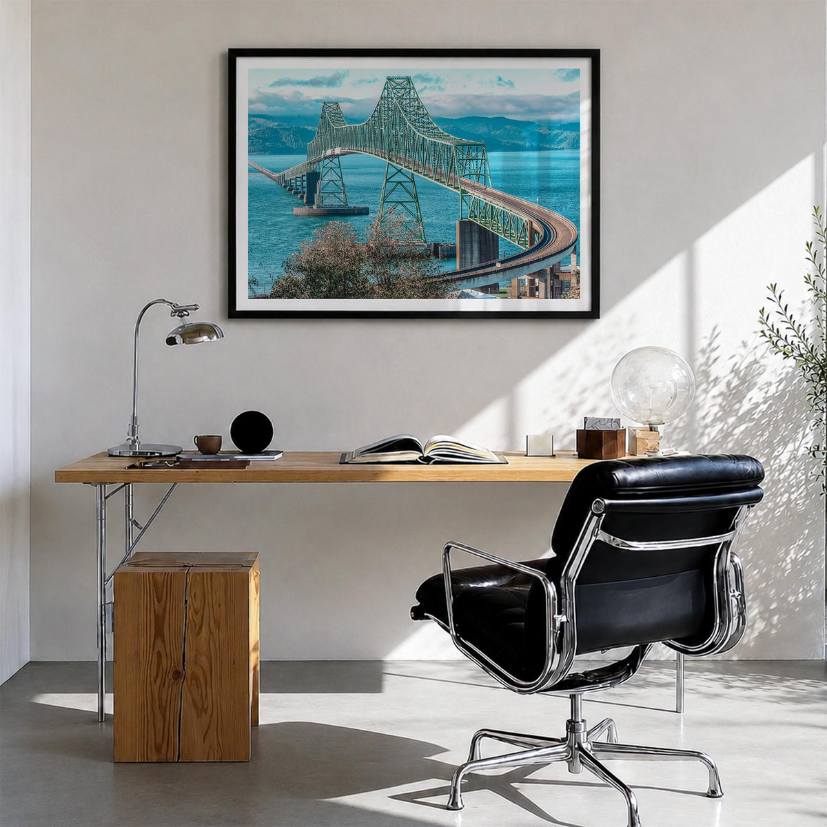 Astoria, Oregon colorful photo poster of Oregon, USA – horizontal wall art in black wood frame with white border, hanging on 