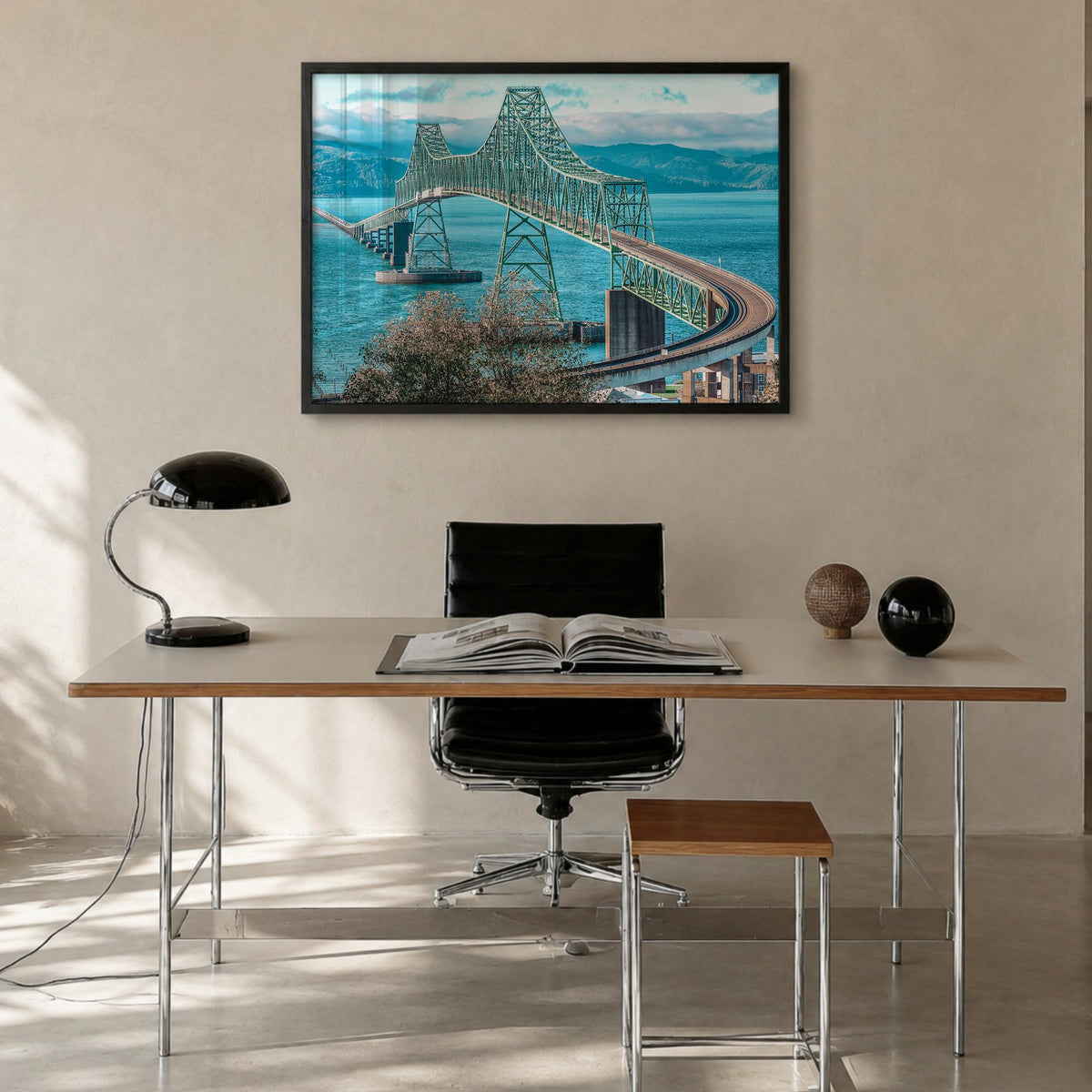 Astoria, Oregon colorful photo poster of Oregon, USA – horizontal wall art in black wood frame, hanging on wall