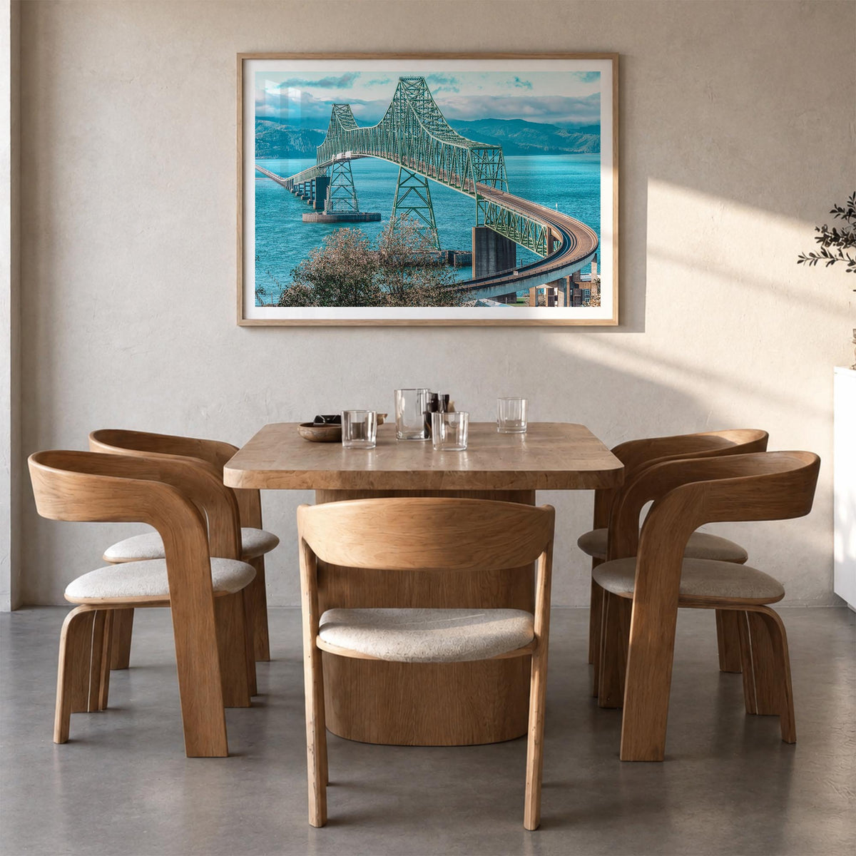 Astoria, Oregon colorful photo poster of Oregon, USA – horizontal wall art in natural wood frame with white border, hanging o
