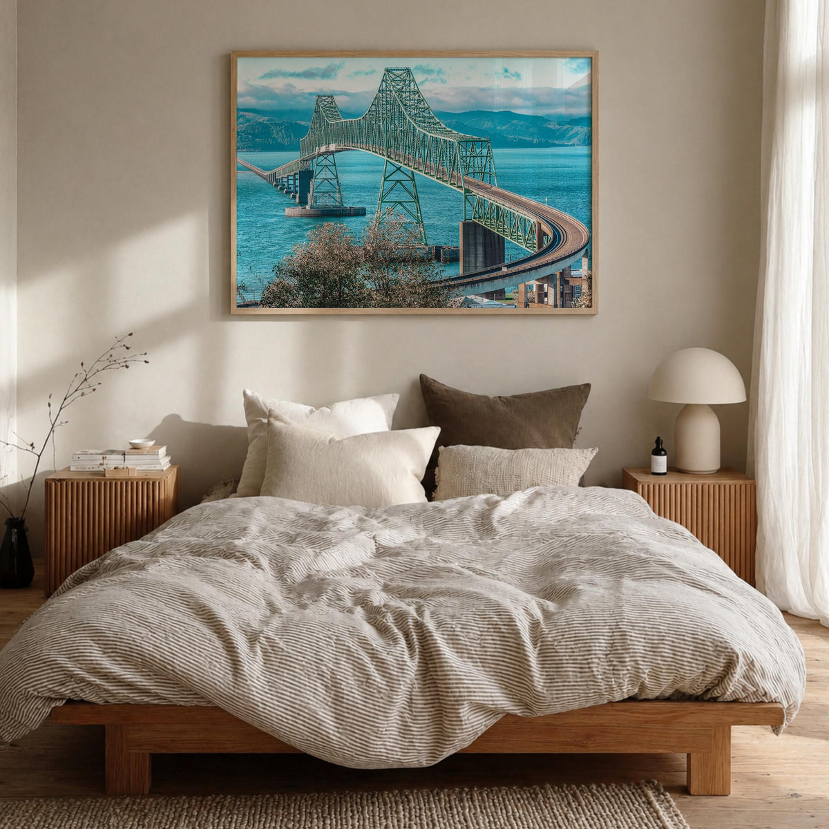 Astoria, Oregon colorful photo poster of Oregon, USA – horizontal wall art in natural wood frame, hanging on wall