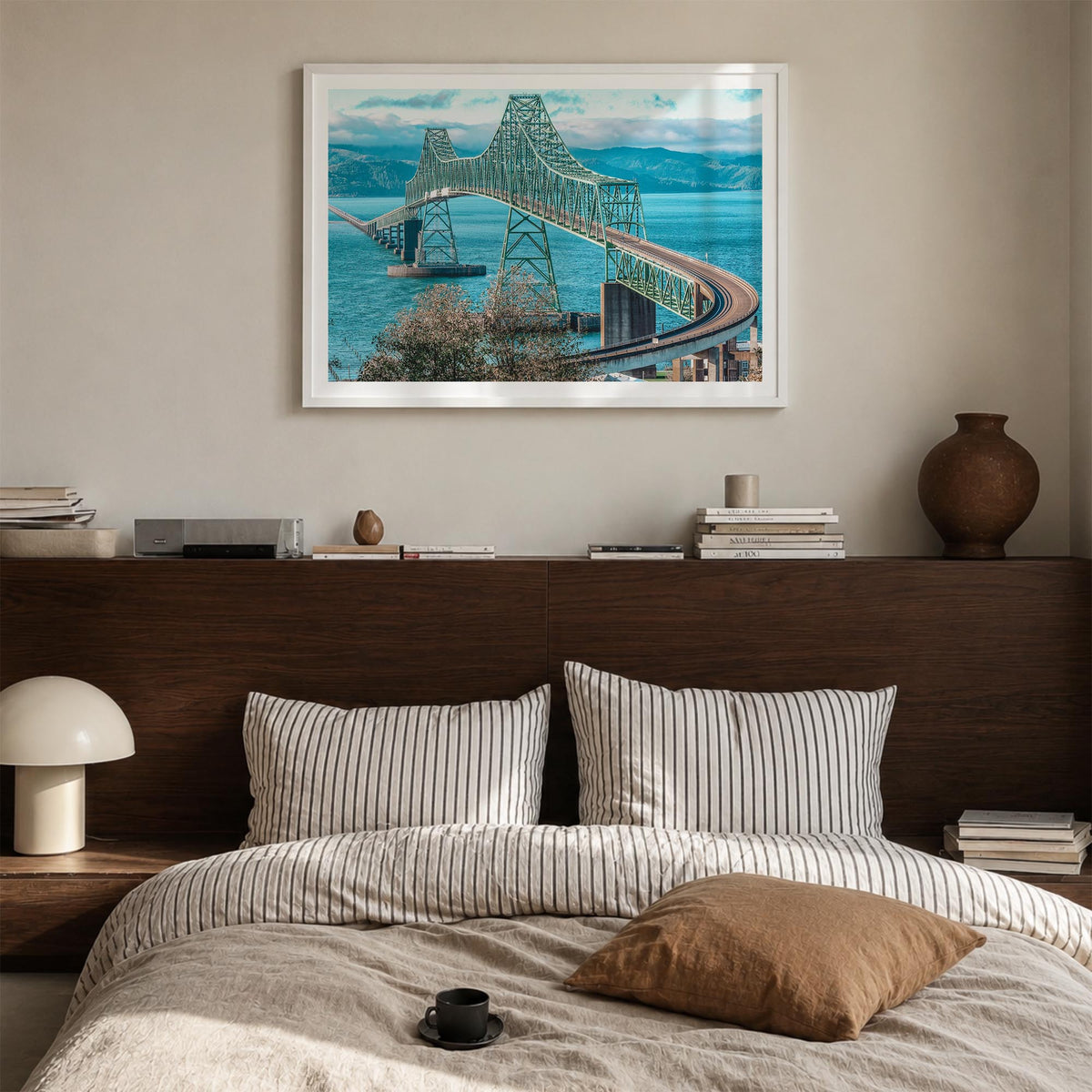 Astoria, Oregon colorful photo poster of Oregon, USA – horizontal wall art in white wood frame with white border, hanging on 