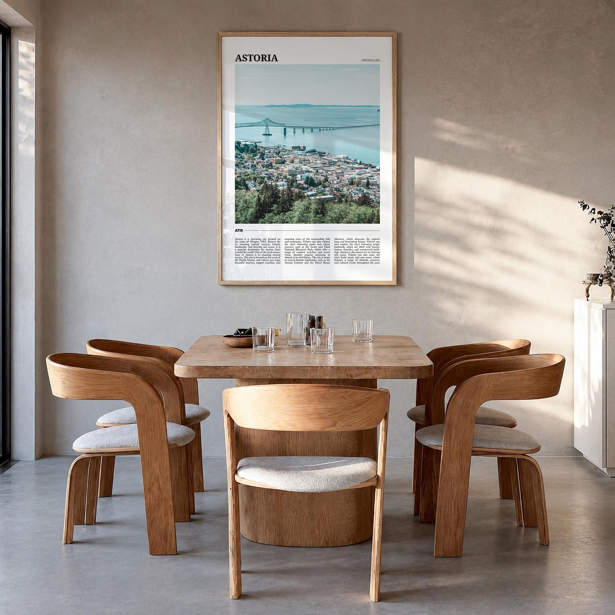 Astoria, Oregon colorful travel poster of Oregon, USA – vertical wall art in natural wood frame, hanging on wall
