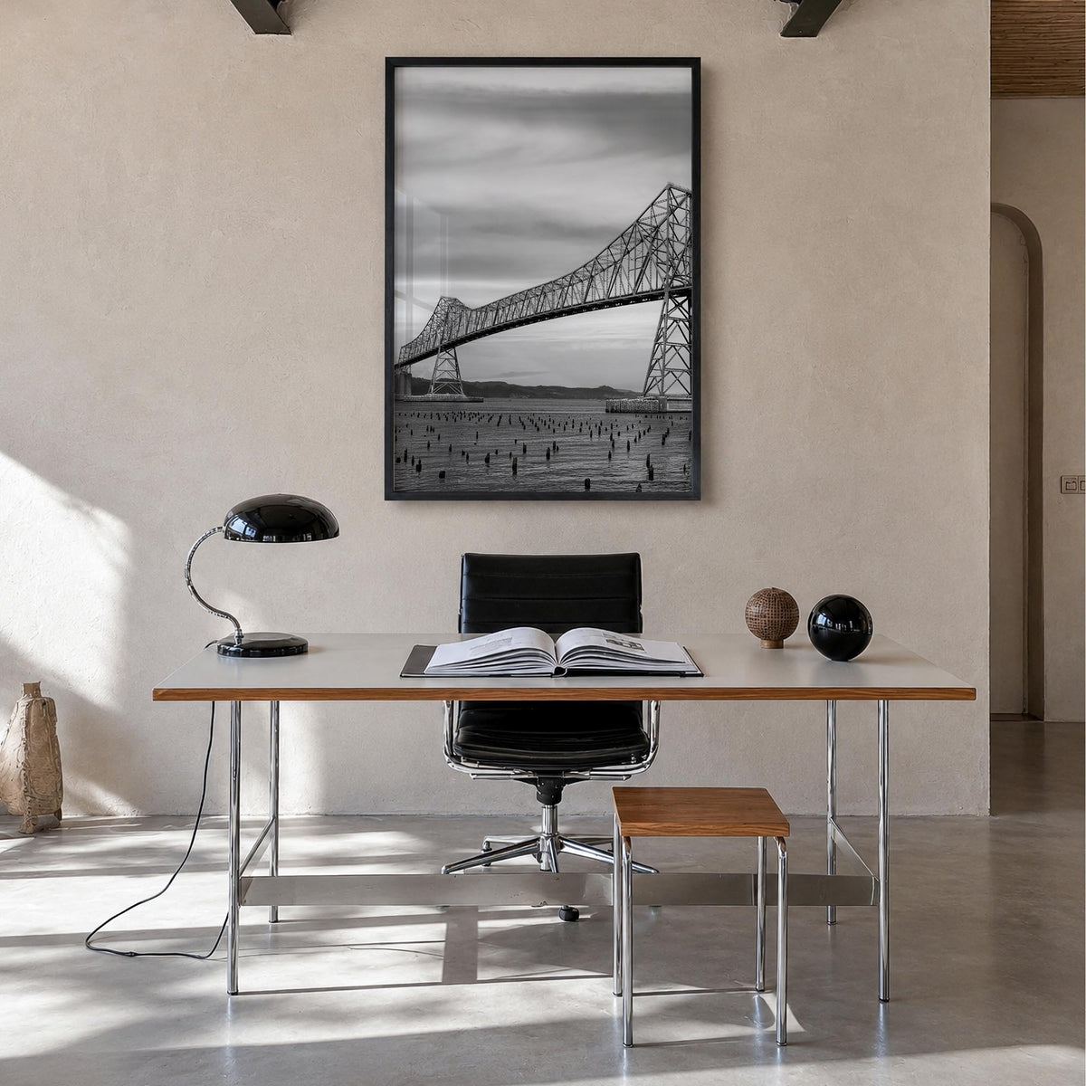 Astoria, Oregon no. 1 black & white photo poster of Oregon, USA – vertical wall art in black wood frame, hanging on wall