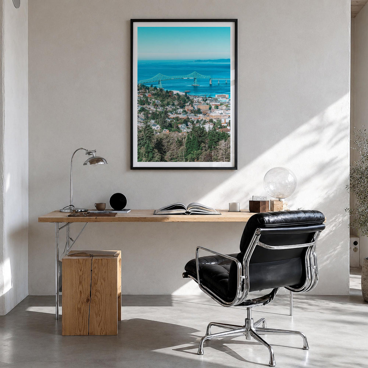 Astoria, Oregon no. 1 colorful photo poster of Oregon, USA – vertical wall art in black wood frame with white border, hanging