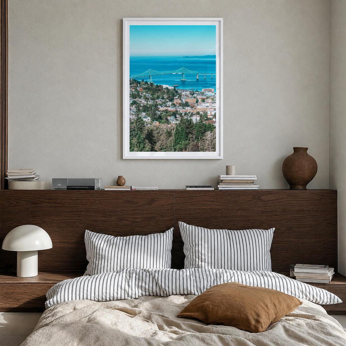 Astoria, Oregon no. 1 colorful photo poster of Oregon, USA – vertical wall art in white wood frame with white border, hanging