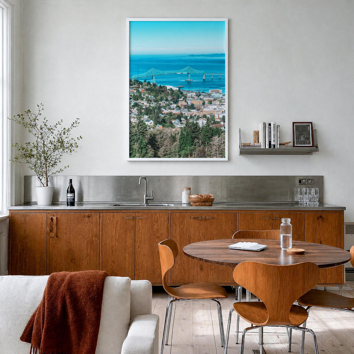 Astoria, Oregon no. 1 colorful photo poster of Oregon, USA – vertical wall art in white wood frame, hanging on wall