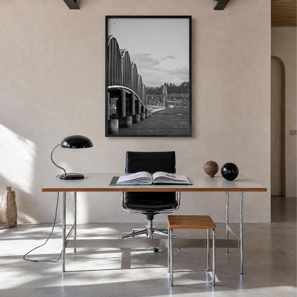 Astoria, Oregon no. 2 black & white photo poster of Oregon, USA – vertical wall art in black wood frame, hanging on wall