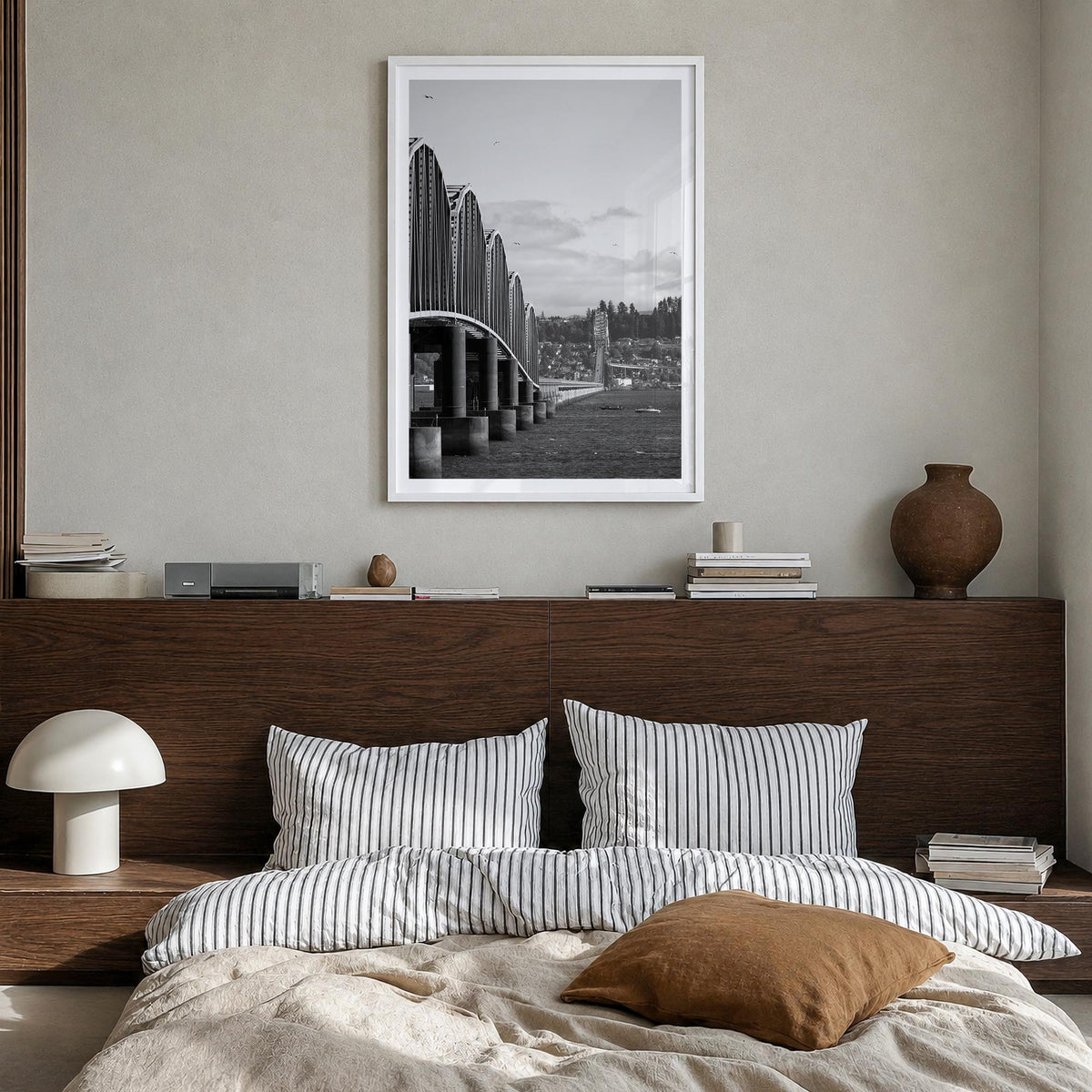 Astoria, Oregon no. 2 black & white photo poster of Oregon, USA – vertical wall art in white wood frame with white border, ha