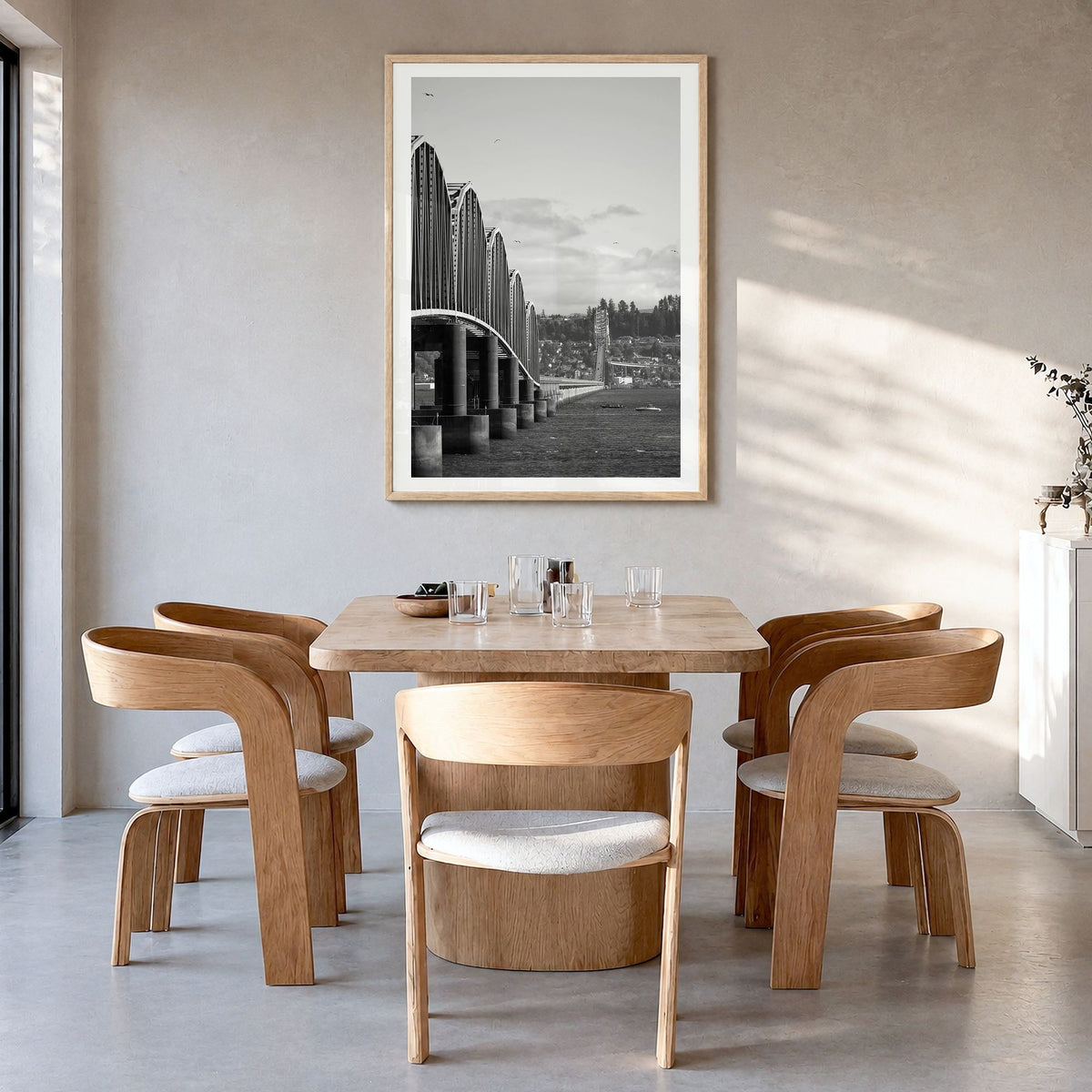 Astoria, Oregon Photo No 2 Poster in a natural wood frame, hanging in a dining room, white border