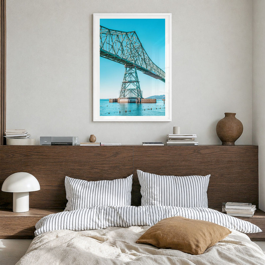 Astoria, Oregon Photo No 2 Poster in a white wood frame, hanging in a bedroom, white border