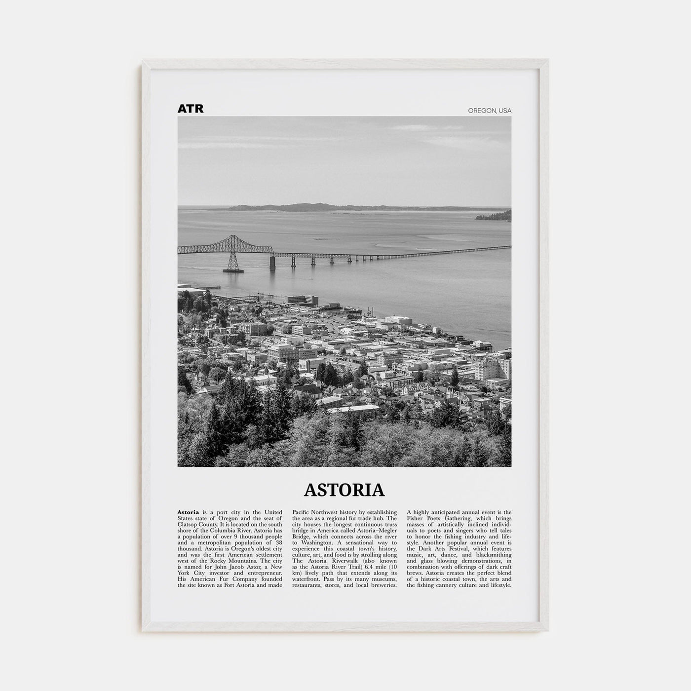 Astoria, Oregon Poster White Wood / 8x12 in Nbourhood Travel B&W Poster