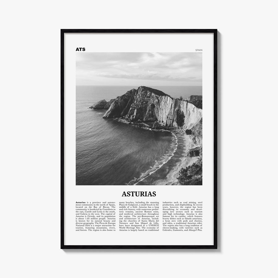 Asturias black & white newspaper poster of Spain – vertical wall art, unframed print shown in interior mockup