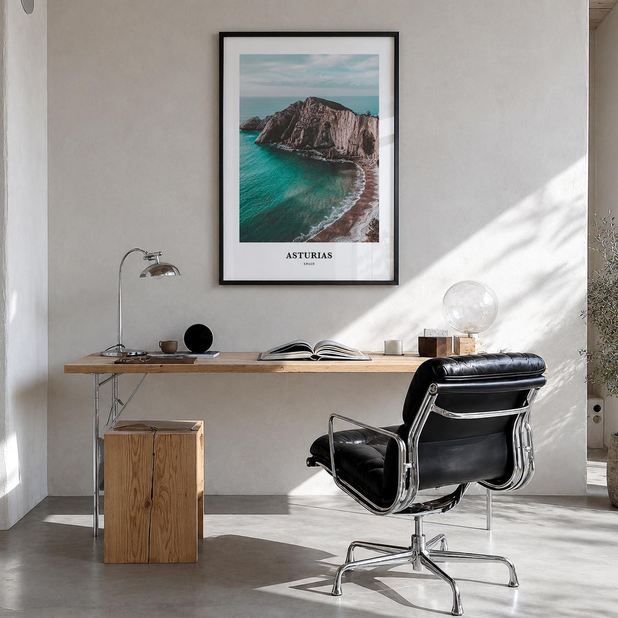 Asturias colorful classic poster of Spain – vertical wall art in black wood frame, hanging on wall