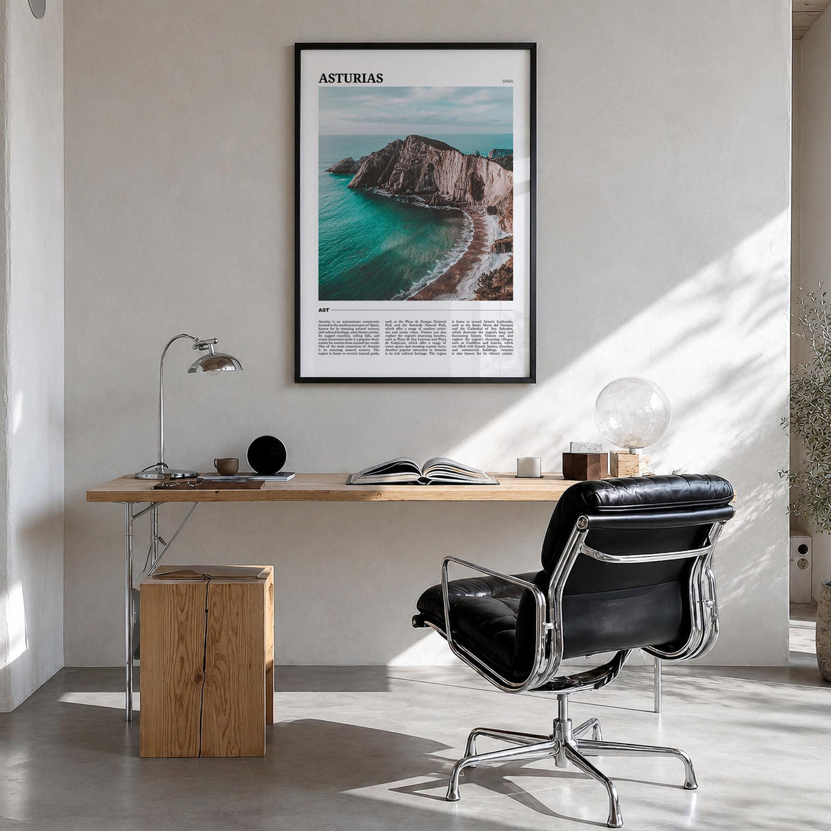 Asturias colorful travel poster of Spain – vertical wall art in black wood frame, hanging on wall