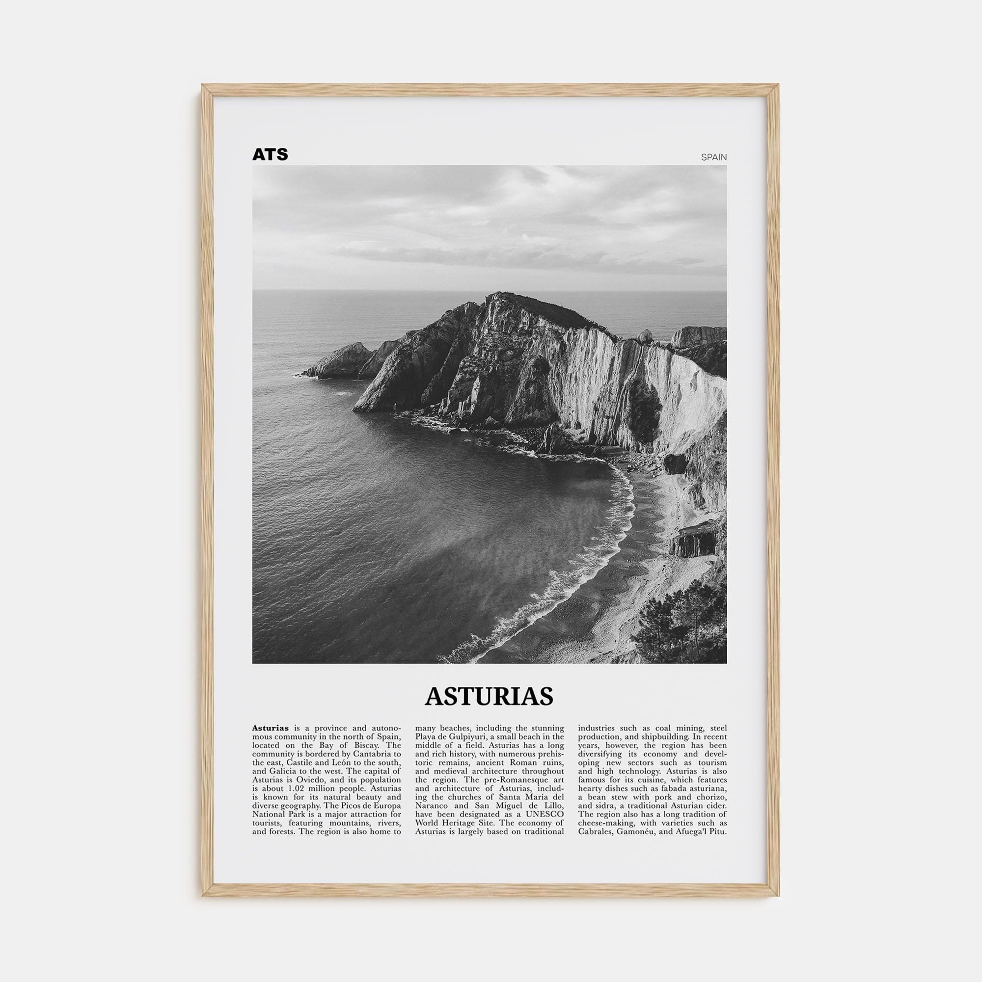 Asturias Poster Natural Wood / 8x12 in Nbourhood Travel B&W Poster