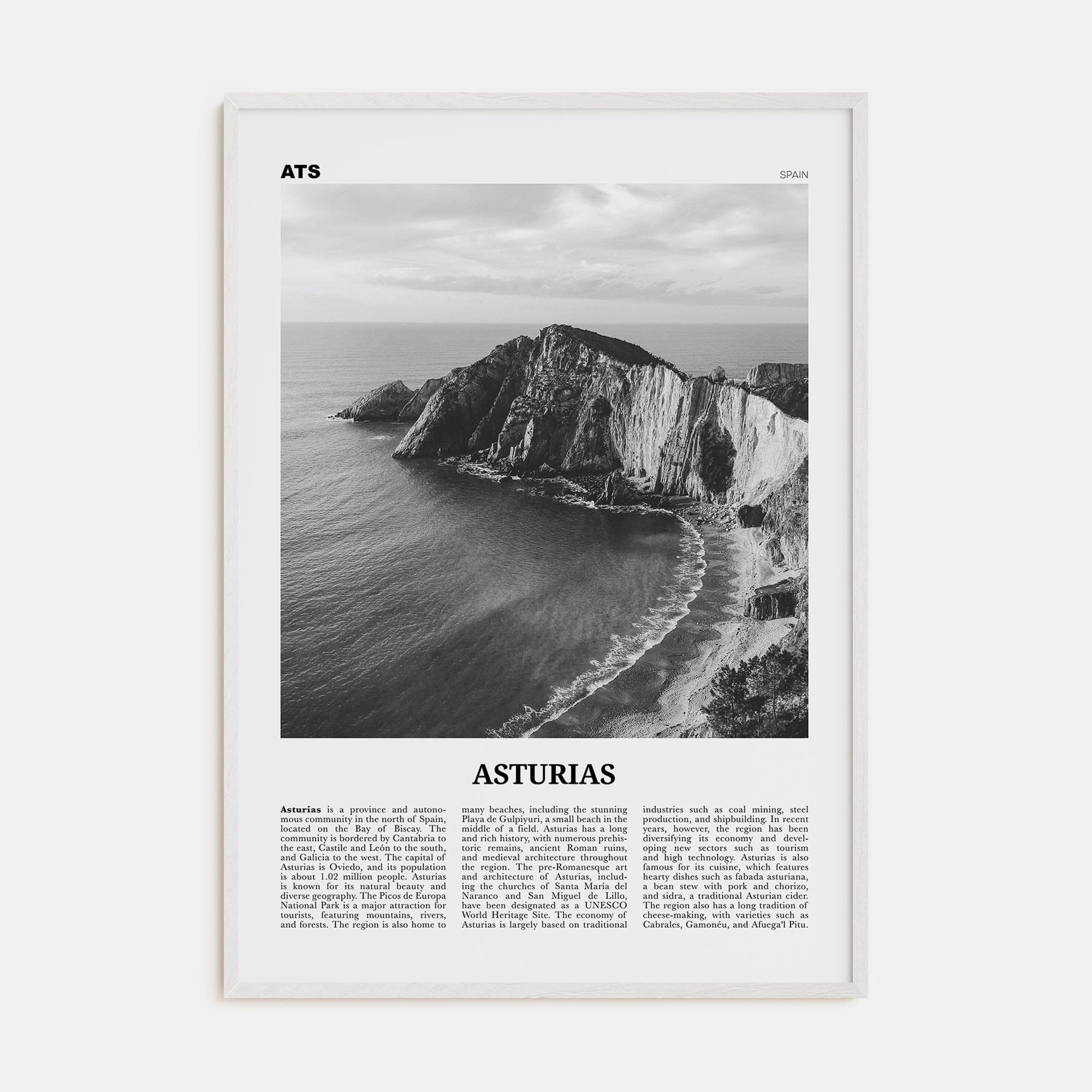 Asturias Poster White Wood / 8x12 in Nbourhood Travel B&W Poster