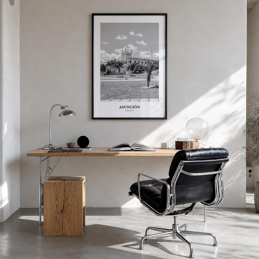 Asunción black & white classic poster of Paraguay – vertical wall art in black wood frame, hanging on wall