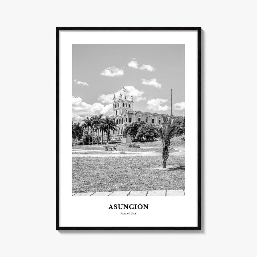 Asunción black & white classic poster of Paraguay – vertical wall art, unframed print shown in interior mockup