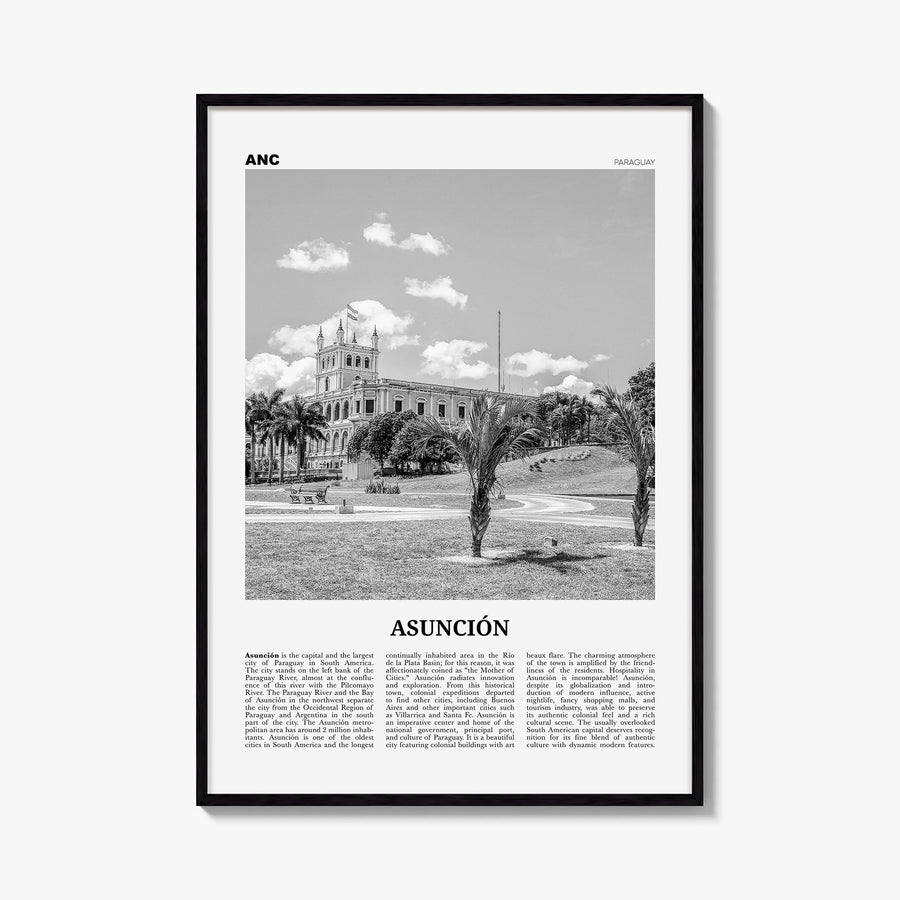 Asunción black & white newspaper poster of Paraguay – vertical wall art, unframed print shown in interior mockup