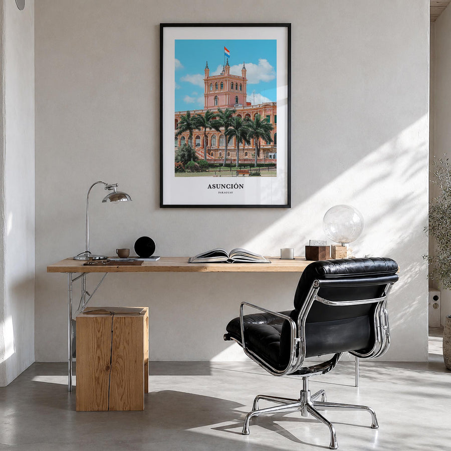 Asunción colorful classic poster of Paraguay – vertical wall art in black wood frame, hanging on wall