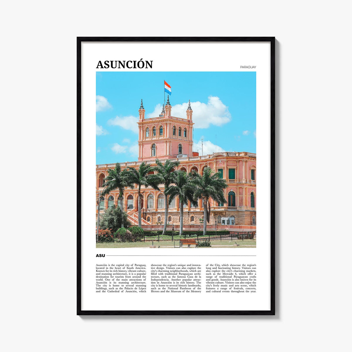 Asunción colorful travel poster of Paraguay – vertical wall art, unframed print shown in interior mockup