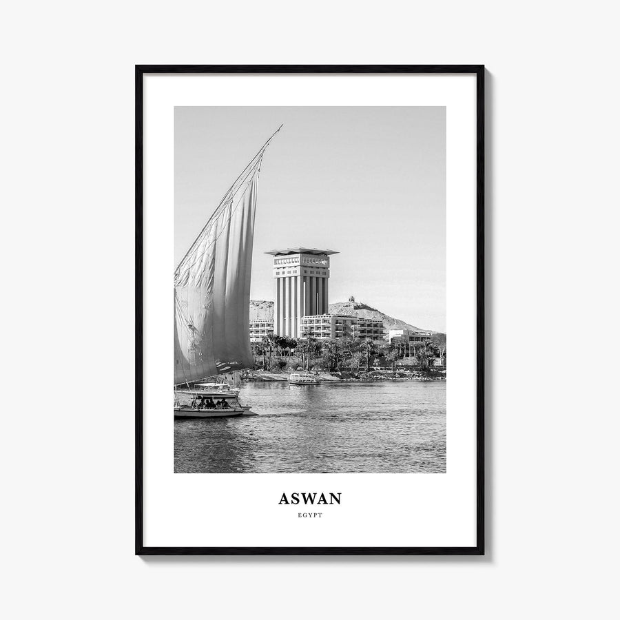Aswan black & white classic poster of Egypt – vertical wall art, unframed print shown in interior mockup