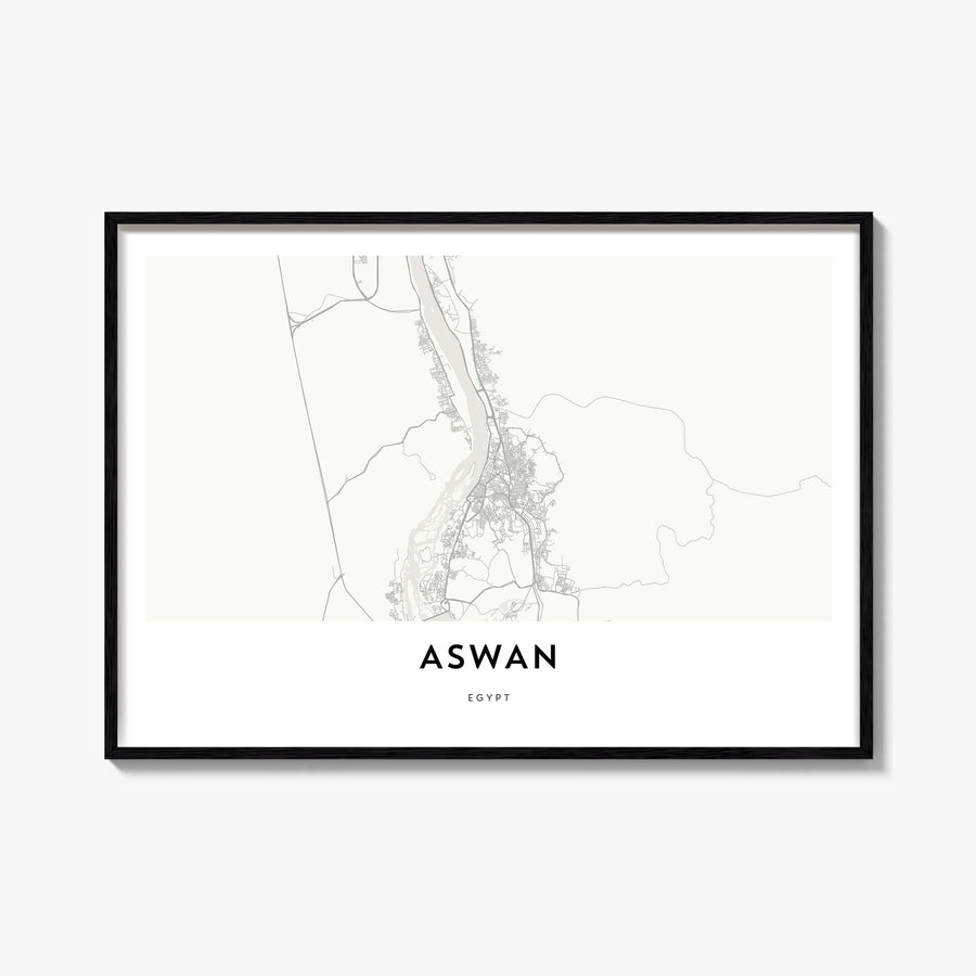 Aswan black & white map poster of Egypt – horizontal wall art, unframed print shown in interior mockup
