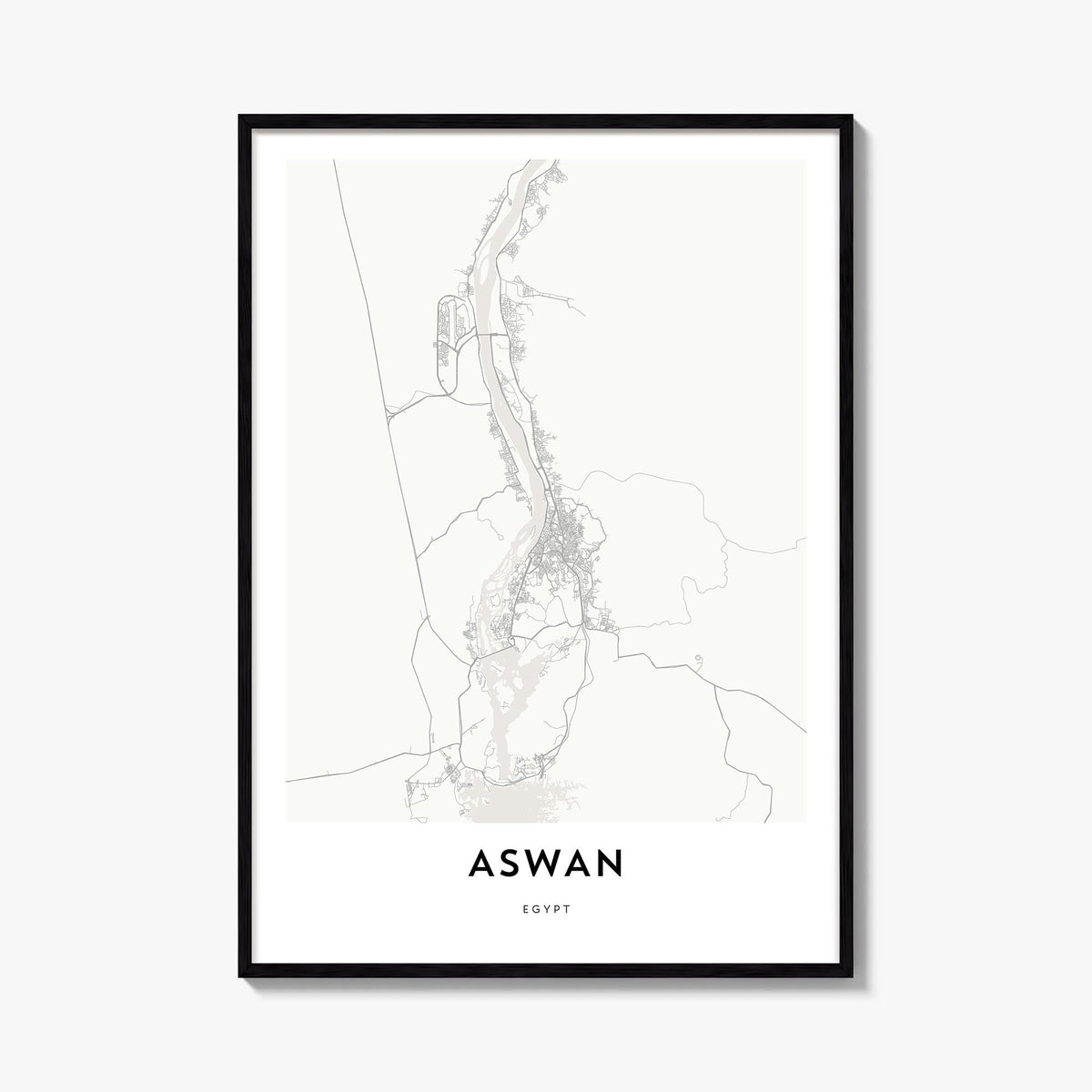 Aswan black & white map poster of Egypt – vertical wall art, unframed print shown in interior mockup