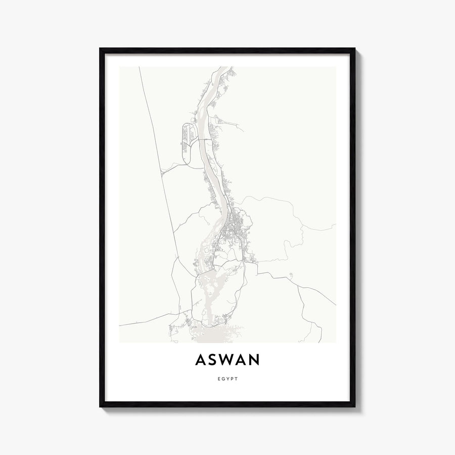 Aswan black & white map poster of Egypt – vertical wall art, unframed print shown in interior mockup