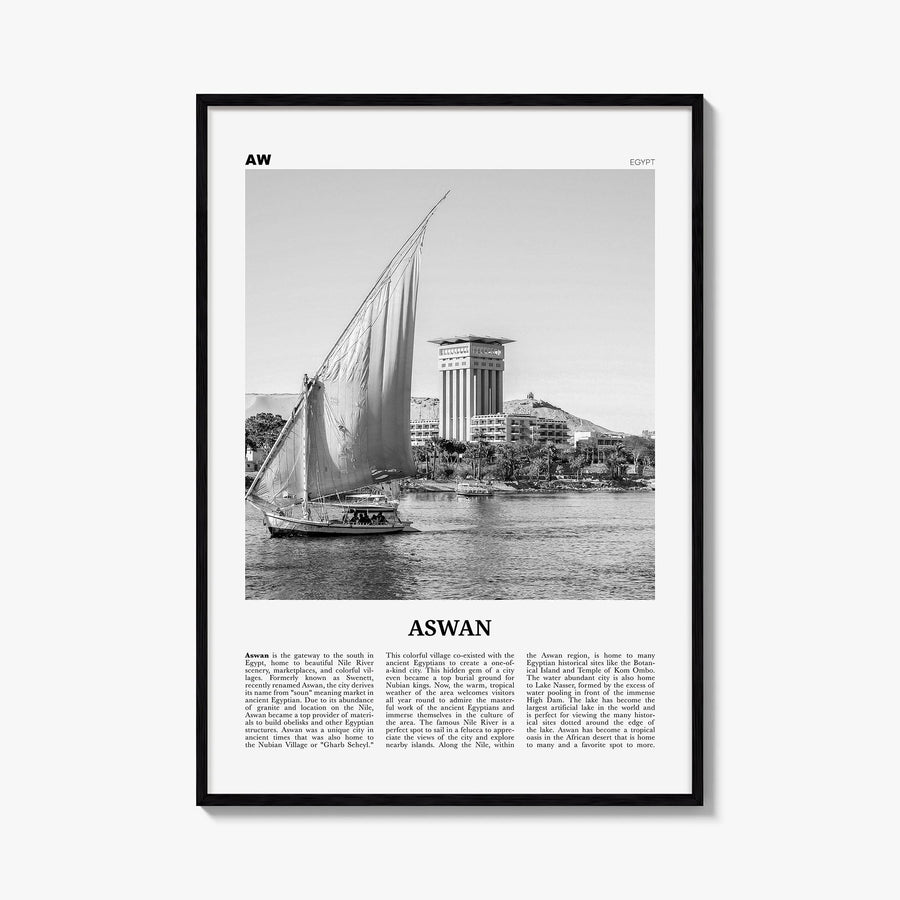 Aswan black & white newspaper poster of Egypt – vertical wall art, unframed print shown in interior mockup