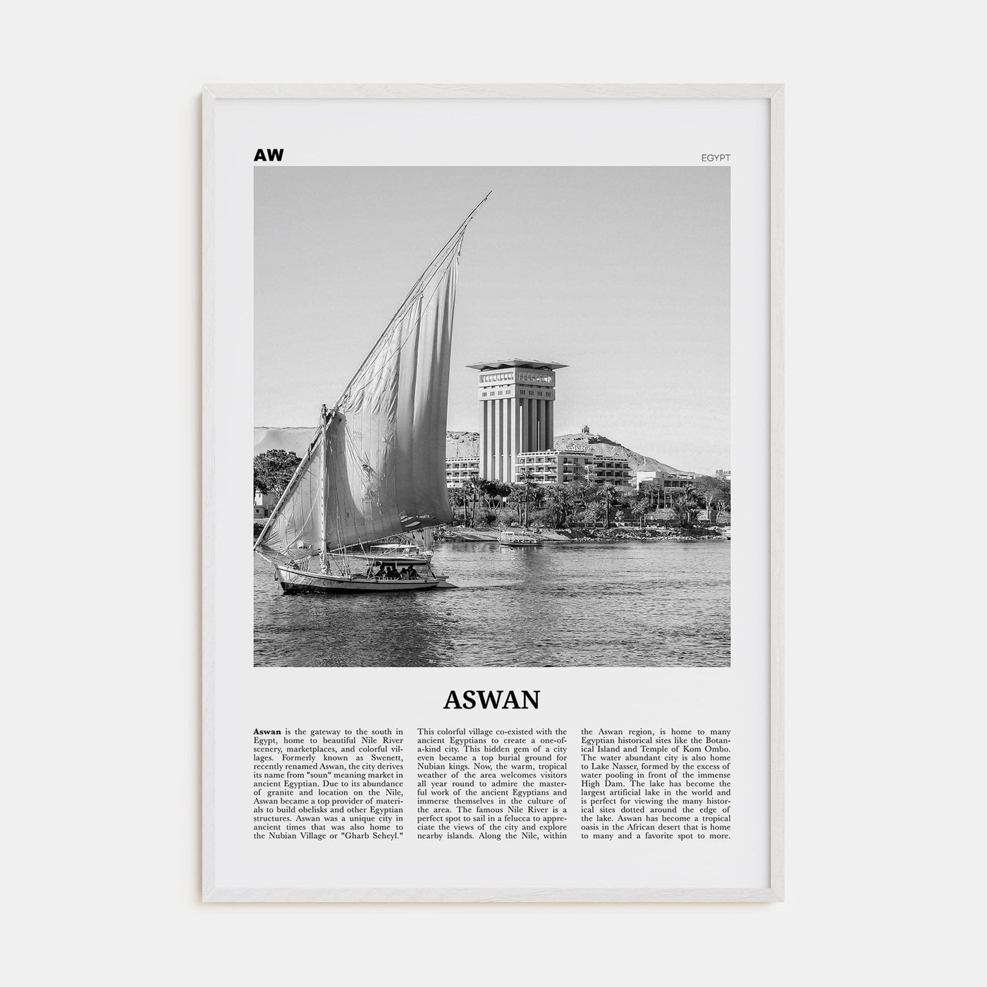 Aswan Poster White Wood / 8x12 in Nbourhood Travel B&W Poster