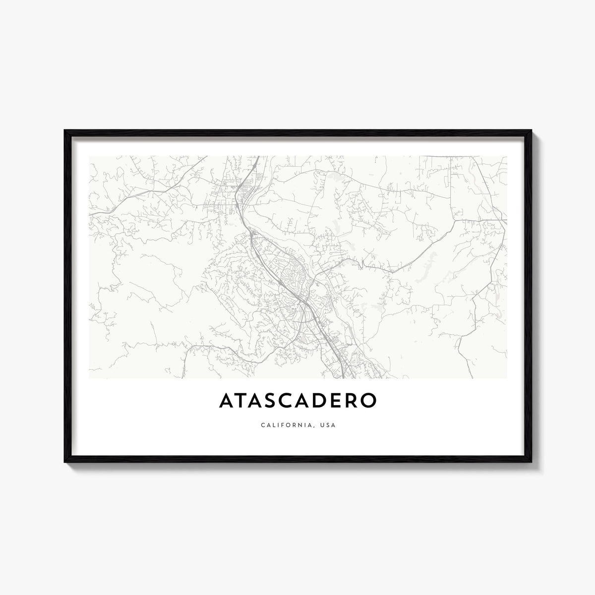 Atascadero black & white map poster of California, USA – horizontal wall art, unframed print shown in interior mockup