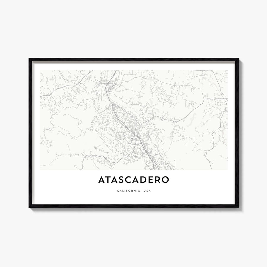 Atascadero black & white map poster of California, USA – horizontal wall art, unframed print shown in interior mockup