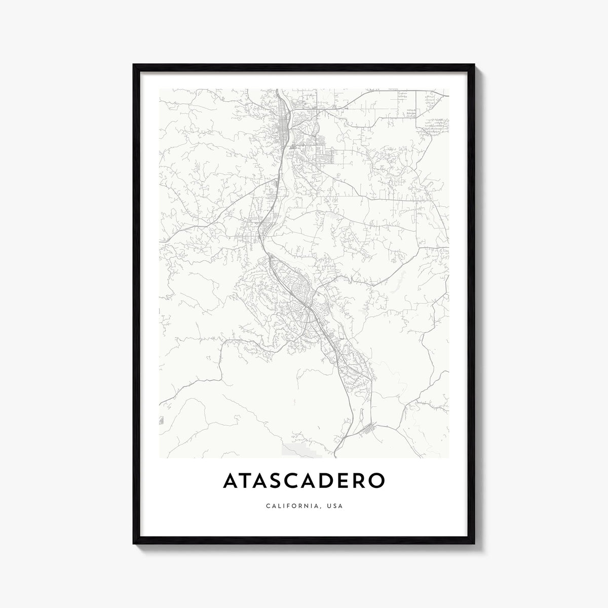 Atascadero black & white map poster of California, USA – vertical wall art, unframed print shown in interior mockup