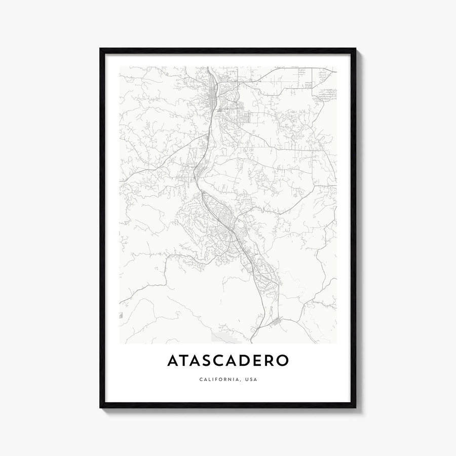 Atascadero black & white map poster of California, USA – vertical wall art, unframed print shown in interior mockup