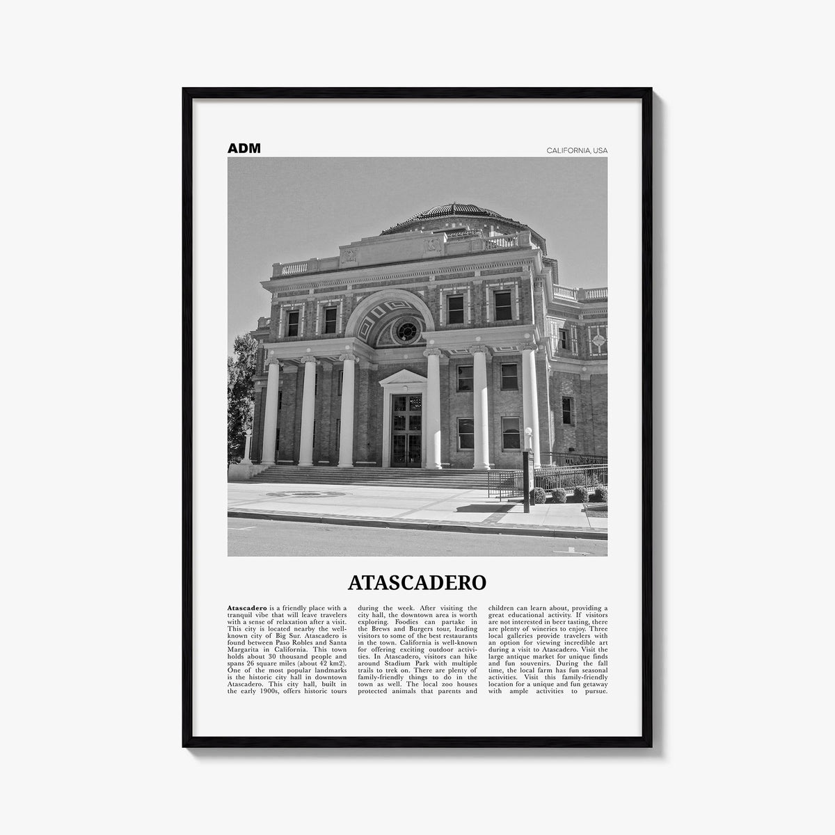 Atascadero black & white newspaper poster of California, USA – vertical wall art, unframed print shown in interior mockup