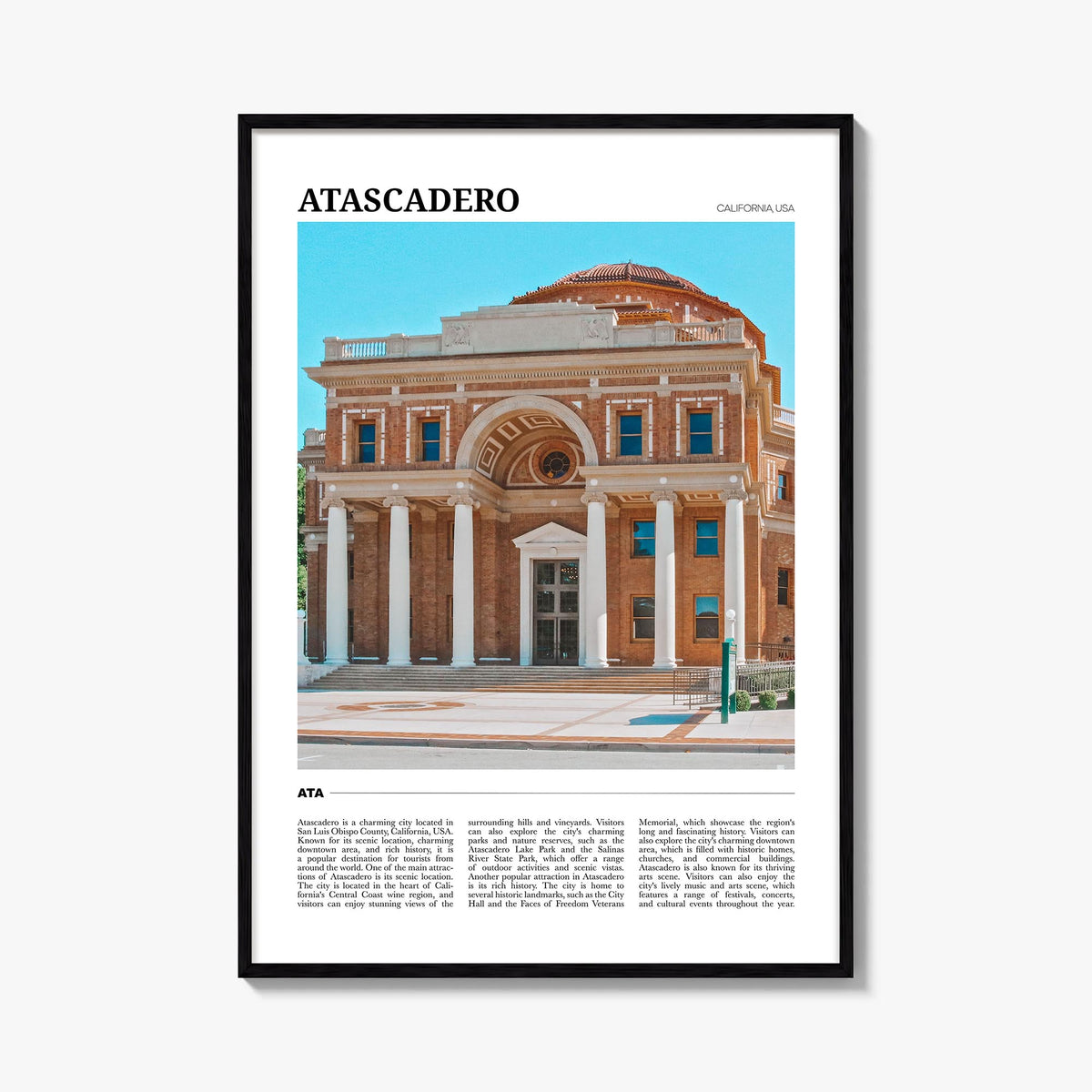 Atascadero colorful travel poster of California, USA – vertical wall art, unframed print shown in interior mockup