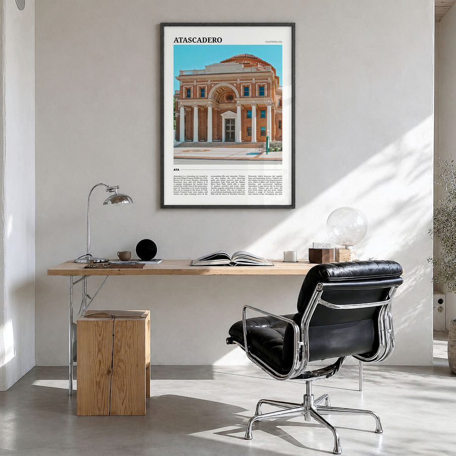 Atascadero Travel Poster in a black wood frame, hanging in a bright home office