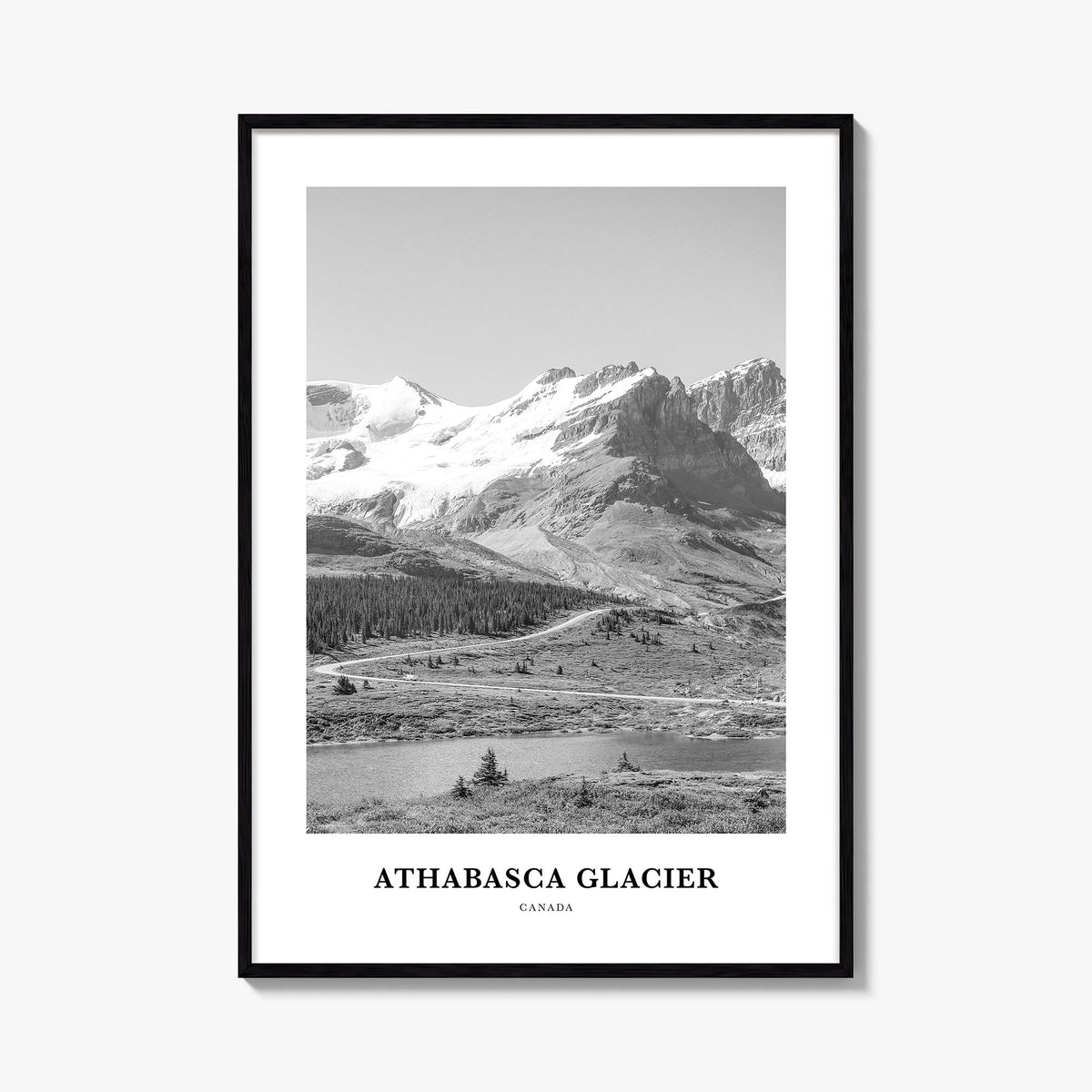 Athabasca Glacier black & white classic poster of Canada – vertical wall art, unframed print shown in interior mockup