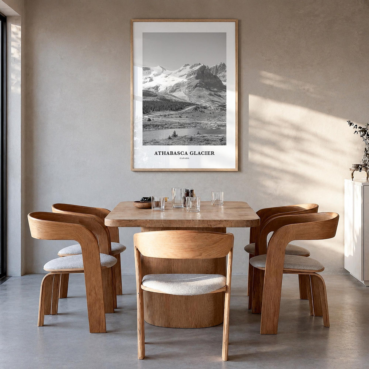 Athabasca Glacier black & white classic poster of Canada – vertical wall art in natural wood frame, hanging on wall
