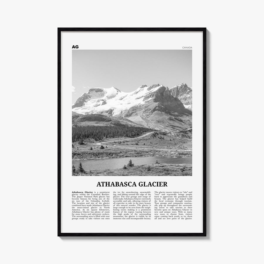 Athabasca Glacier black & white newspaper poster of Canada – vertical wall art, unframed print shown in interior mockup