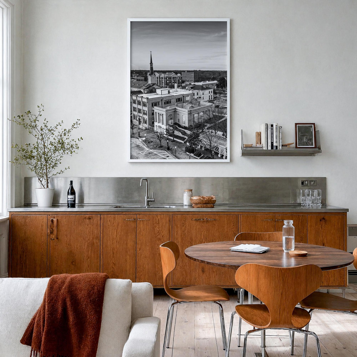 Athens, Georgia black & white photo poster of Georgia, USA – vertical wall art in white wood frame, hanging on wall