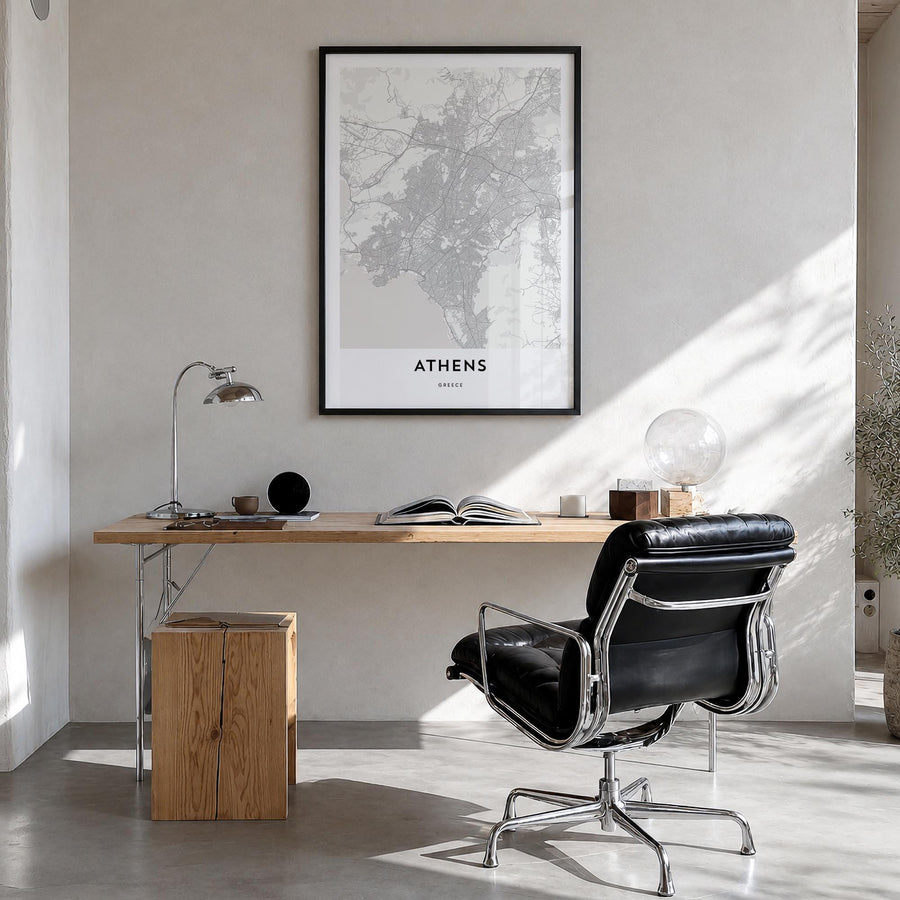 Athens, Greece black & white map poster of Greece – vertical wall art in black wood frame, hanging on wall
