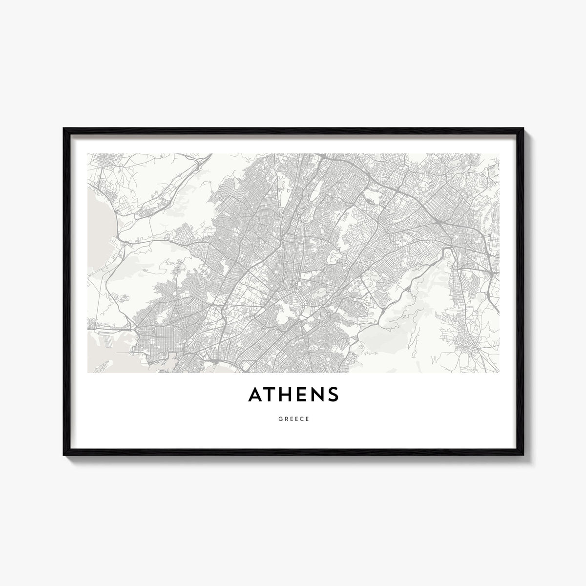 Athens, Greece black & white map poster of Greece – horizontal wall art, unframed print shown in interior mockup